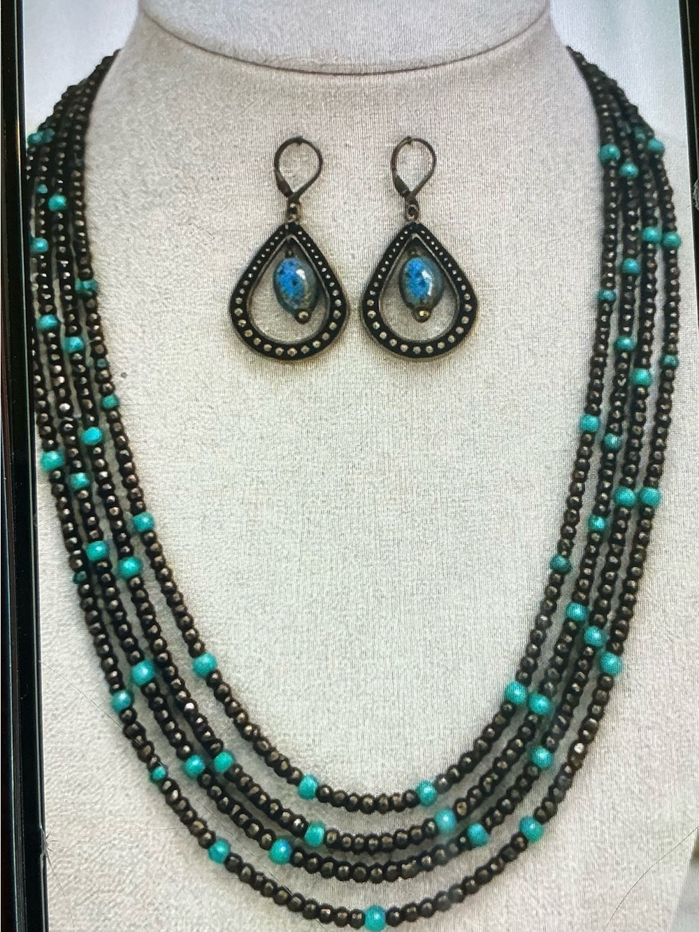 Multi-Strand Necklace with Teardrop Earrings - Women Jewelry
